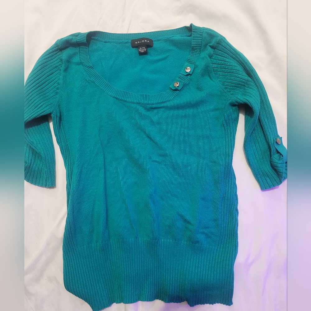 Majora Teal Scoop-Neck Ribbed Sleeve Knit Top